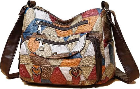 حقيبة كروس نسائية مرقعة من القماش الناعم، محفظة كتف متعددة الجيوب مع حزام قابل للتعديل وأجزاء معدنية in Kuwait