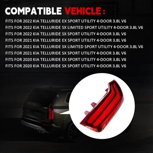 Rear Right Passenger Side Outer Tail Lights LED Fit for Kia Telluride EX SX Sport 2020 2021 2022 3.8L V6 KI2805165 762405-43670-8 92402 S9100 in Kuwait
