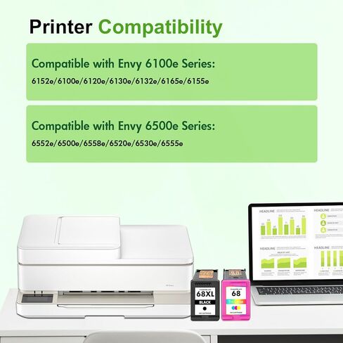 68 68XL Ink Cartridges Black/Color Combo Pack for HP68XL 6155e 6555e Printers Envy 6100e 6500e Series 68e 68 XL Compatible for HP 6155e 6555e 6152e 6552e 6558e 6165e (2 Pack Black Tri-Color) in Kuwait