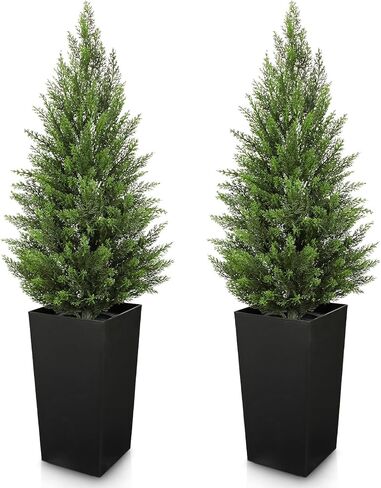 Briful Artificial Cedar Topiary Trees 4ft, Set of 2 Faux Potted Christmas Porch Trees Cypress Sbrubs, UV-Resistant Front Door Greenery in Tall Black Planter for Indoor Outdoor Holiday Décor in Saudi Arabia