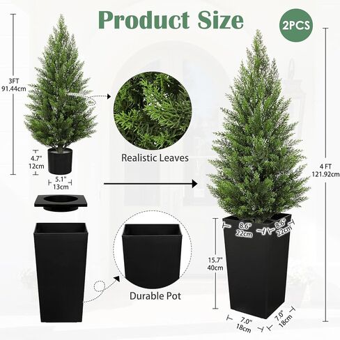 Briful Artificial Cedar Topiary Trees 4ft, Set of 2 Faux Potted Christmas Porch Trees Cypress Sbrubs, UV-Resistant Front Door Greenery in Tall Black Planter for Indoor Outdoor Holiday Décor in Saudi Arabia