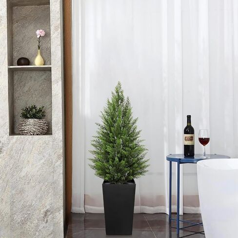 Briful Artificial Cedar Topiary Trees 4ft, Set of 2 Faux Potted Christmas Porch Trees Cypress Sbrubs, UV-Resistant Front Door Greenery in Tall Black Planter for Indoor Outdoor Holiday Décor in Saudi Arabia