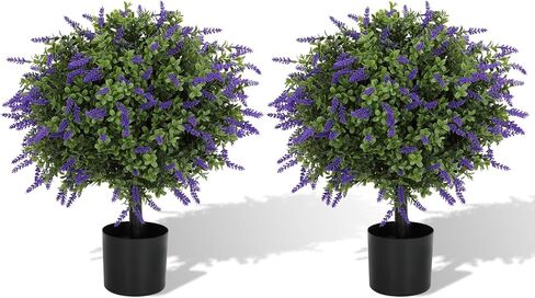 أشجار كروية لافندر صناعية مقاس 21.6 بوصة مع وعاء أسمنتي، مجموعة مقاومة للأشعة فوق البنفسجية مكونة من قطعتين من خشب البقس اللافندر الواقعي، ديكور لافندر توبياري أرجواني للحديقة والفناء والفناء، هدايا زينة عيد الميلاد in Kuwait