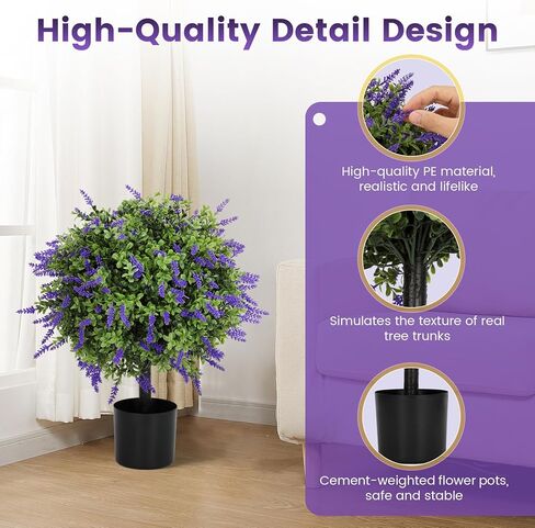 أشجار كروية لافندر صناعية مقاس 21.6 بوصة مع وعاء أسمنتي، مجموعة مقاومة للأشعة فوق البنفسجية مكونة من قطعتين من خشب البقس اللافندر الواقعي، ديكور لافندر توبياري أرجواني للحديقة والفناء والفناء، هدايا زينة عيد الميلاد in Kuwait