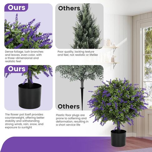 أشجار كروية لافندر صناعية مقاس 21.6 بوصة مع وعاء أسمنتي، مجموعة مقاومة للأشعة فوق البنفسجية مكونة من قطعتين من خشب البقس اللافندر الواقعي، ديكور لافندر توبياري أرجواني للحديقة والفناء والفناء، هدايا زينة عيد الميلاد in Kuwait