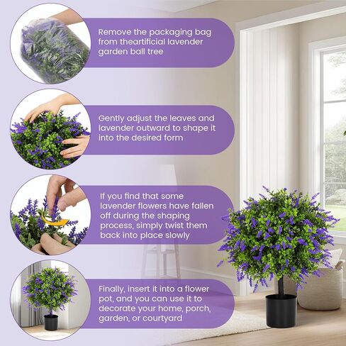 أشجار كروية لافندر صناعية مقاس 21.6 بوصة مع وعاء أسمنتي، مجموعة مقاومة للأشعة فوق البنفسجية مكونة من قطعتين من خشب البقس اللافندر الواقعي، ديكور لافندر توبياري أرجواني للحديقة والفناء والفناء، هدايا زينة عيد الميلاد in Kuwait