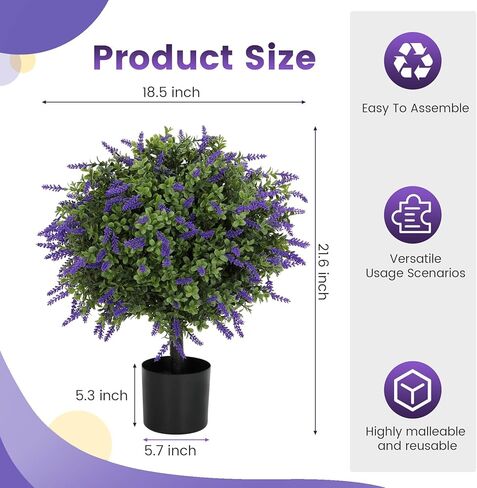 أشجار كروية لافندر صناعية مقاس 21.6 بوصة مع وعاء أسمنتي، مجموعة مقاومة للأشعة فوق البنفسجية مكونة من قطعتين من خشب البقس اللافندر الواقعي، ديكور لافندر توبياري أرجواني للحديقة والفناء والفناء، هدايا زينة عيد الميلاد in Kuwait