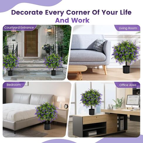 أشجار كروية لافندر صناعية مقاس 21.6 بوصة مع وعاء أسمنتي، مجموعة مقاومة للأشعة فوق البنفسجية مكونة من قطعتين من خشب البقس اللافندر الواقعي، ديكور لافندر توبياري أرجواني للحديقة والفناء والفناء، هدايا زينة عيد الميلاد in Kuwait