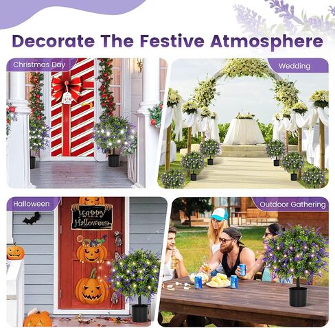 أشجار كروية لافندر صناعية مقاس 21.6 بوصة مع وعاء أسمنتي، مجموعة مقاومة للأشعة فوق البنفسجية مكونة من قطعتين من خشب البقس اللافندر الواقعي، ديكور لافندر توبياري أرجواني للحديقة والفناء والفناء، هدايا زينة عيد الميلاد in Kuwait