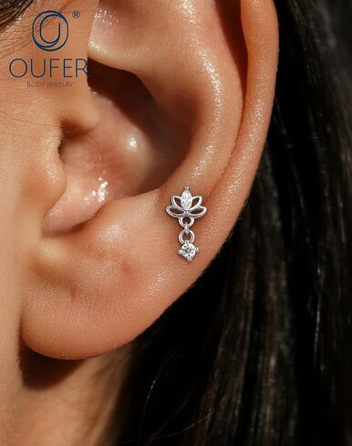 OUFER Silver Threadless Helix Piercing Jewelry, 16G 8MM Flat Back Earrings, Lotus Nose Studs, Floral Dangle Tragus Cartilage Helix Conch Lip Labret Medusa Nostril Piercing Jewelry in Saudi Arabia