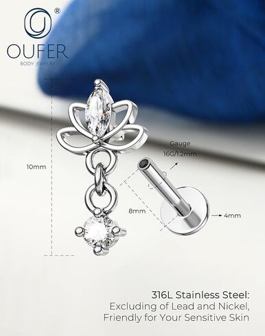 OUFER Silver Threadless Helix Piercing Jewelry, 16G 8MM Flat Back Earrings, Lotus Nose Studs, Floral Dangle Tragus Cartilage Helix Conch Lip Labret Medusa Nostril Piercing Jewelry in Saudi Arabia