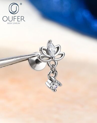 OUFER Silver Threadless Helix Piercing Jewelry, 16G 8MM Flat Back Earrings, Lotus Nose Studs, Floral Dangle Tragus Cartilage Helix Conch Lip Labret Medusa Nostril Piercing Jewelry in Saudi Arabia