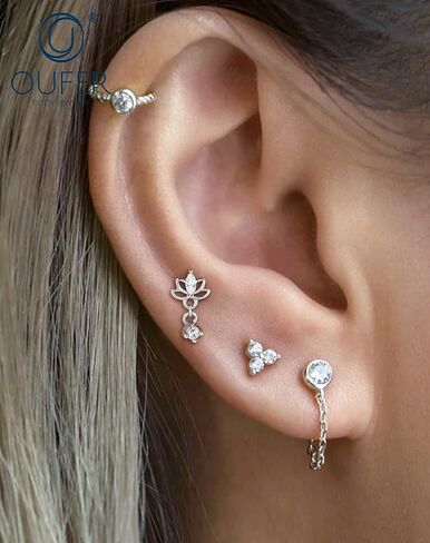 OUFER Silver Threadless Helix Piercing Jewelry, 16G 8MM Flat Back Earrings, Lotus Nose Studs, Floral Dangle Tragus Cartilage Helix Conch Lip Labret Medusa Nostril Piercing Jewelry in Saudi Arabia