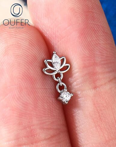 OUFER Silver Threadless Helix Piercing Jewelry, 16G 8MM Flat Back Earrings, Lotus Nose Studs, Floral Dangle Tragus Cartilage Helix Conch Lip Labret Medusa Nostril Piercing Jewelry in Saudi Arabia
