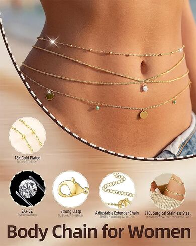 5A Cubic Zirconia Hypoallergenic 18K Gold Waist Chains Set: 3 Pcs Waterproof Surgical Steel Beaded Pearl Belly Body Chain Fashion Stomach Belt Hip Bikini Jewelry for Women in Saudi Arabia