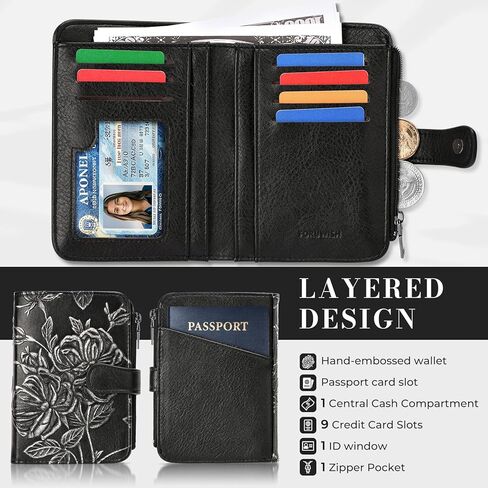 محفظة RFID للسيدات من الجلد النباتي المنقوش، محفظة صغيرة لحمل بطاقات الائتمان للنساء ثنائية الطي مع جيب لنافذة العملة المعدنية وسحاب in Kuwait