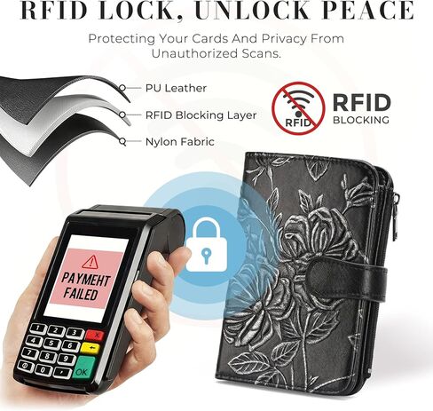 محفظة RFID للسيدات من الجلد النباتي المنقوش، محفظة صغيرة لحمل بطاقات الائتمان للنساء ثنائية الطي مع جيب لنافذة العملة المعدنية وسحاب in Kuwait