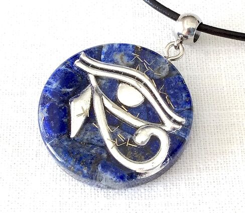 قلادة أورجون مع أحجار عين حورس الفضية وأحجار اللازورد الطبيعية. تميمة مصرية 1.38 بوصة. صنع في الولايات المتحدة الأمريكية in Kuwait