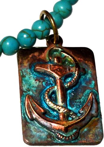Elaine Coyne Collectible Artwear Anchors Aweigh Verdigris Patina Brass Square Pendant - Turquoise in Kuwait