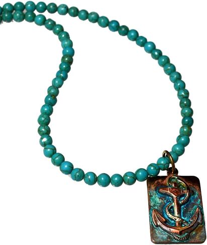 Elaine Coyne Collectible Artwear Anchors Aweigh Verdigris Patina Brass Square Pendant - Turquoise in Kuwait