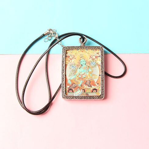 Acxico 1PC Vintage Tangka Green Tara Pendant, Tibetan Themed Lucky Protector, Small Tangka Art Collectible for Room Decor in Saudi Arabia
