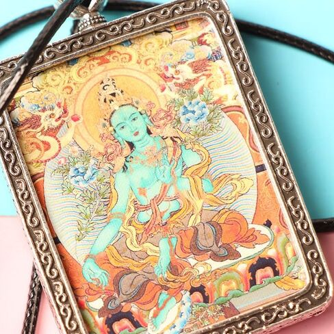 Acxico 1PC Vintage Tangka Green Tara Pendant, Tibetan Themed Lucky Protector, Small Tangka Art Collectible for Room Decor in Saudi Arabia