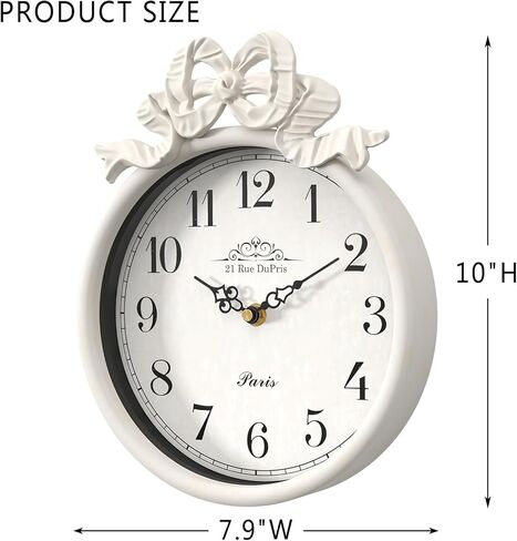 ساعة حائط فرنسية صغيرة مع فيونكة، طراز بوهو أبيض عاجي عتيق، ساعات حائط مزخرفة تعمل بالبطارية الصامتة للمزرعة وغرفة النوم والحمام وهدايا المنزل الجديد (10 بوصة ارتفاع × 7.9 بوصة عرض) in Kuwait