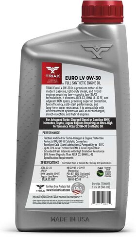 زيت المحرك ترياكس يورو LV 0W-30 الاصطناعي بالكامل PAO Esters متوافق مع BMW LL-12+، BMW LL-17+، ومرسيدس بنز 229.71 (1 كوارت) in Saudi Arabia