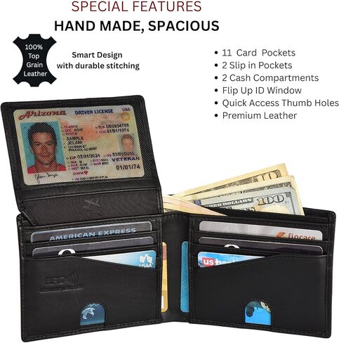 Mens RFID Blocking Bifold Wallet Genuine Leather | Secure and Durable Extra Capacity Billfold with 13 Credit Cards, 1 Flip Up ID (Brown oil pullup) (Bifold 13 CC/1 Flip ID, Black) in Saudi Arabia