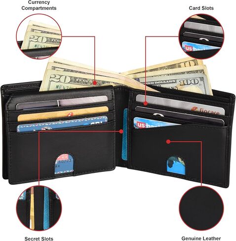 Mens RFID Blocking Bifold Wallet Genuine Leather | Secure and Durable Extra Capacity Billfold with 13 Credit Cards, 1 Flip Up ID (Brown oil pullup) (Bifold 13 CC/1 Flip ID, Black) in Saudi Arabia