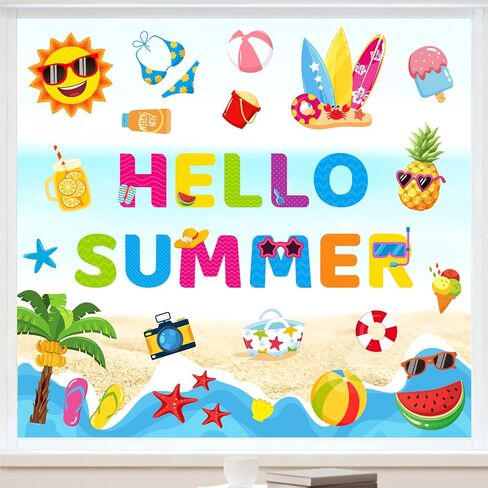 JarThenaAMCS 6 Sheet Summer Window Clings Colorful Cartoon Sun Pool Beach Reusable Window Decals for Home School Classroom Glass Decor Swimming Party Supplies in Saudi Arabia