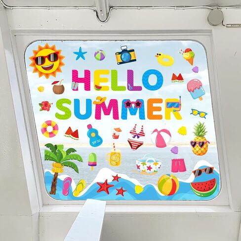 JarThenaAMCS 6 Sheet Summer Window Clings Colorful Cartoon Sun Pool Beach Reusable Window Decals for Home School Classroom Glass Decor Swimming Party Supplies in Saudi Arabia