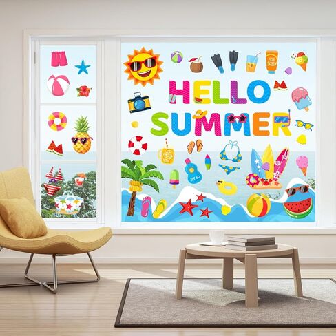 JarThenaAMCS 6 Sheet Summer Window Clings Colorful Cartoon Sun Pool Beach Reusable Window Decals for Home School Classroom Glass Decor Swimming Party Supplies in Saudi Arabia