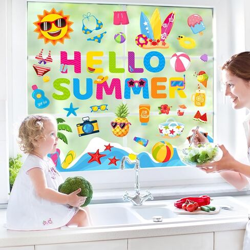 JarThenaAMCS 6 Sheet Summer Window Clings Colorful Cartoon Sun Pool Beach Reusable Window Decals for Home School Classroom Glass Decor Swimming Party Supplies in Saudi Arabia