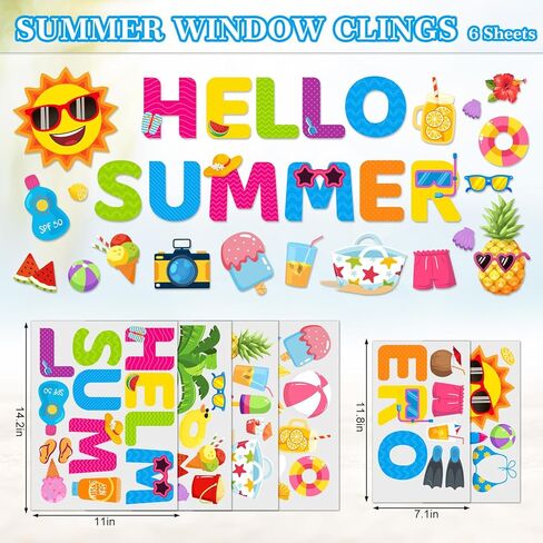 JarThenaAMCS 6 Sheet Summer Window Clings Colorful Cartoon Sun Pool Beach Reusable Window Decals for Home School Classroom Glass Decor Swimming Party Supplies in Saudi Arabia