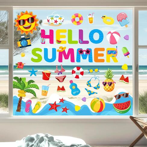 JarThenaAMCS 6 Sheet Summer Window Clings Colorful Cartoon Sun Pool Beach Reusable Window Decals for Home School Classroom Glass Decor Swimming Party Supplies in Saudi Arabia