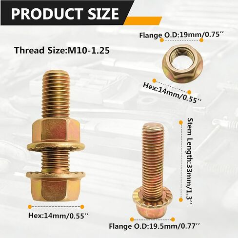 5 Sets Exhaust Serrated Flange Spin Bolts with Nuts M10-1.25 x 33mm Compatible withToyota Honda 90212-SA5-003 Accord Civic Odyssey Acura in Kuwait