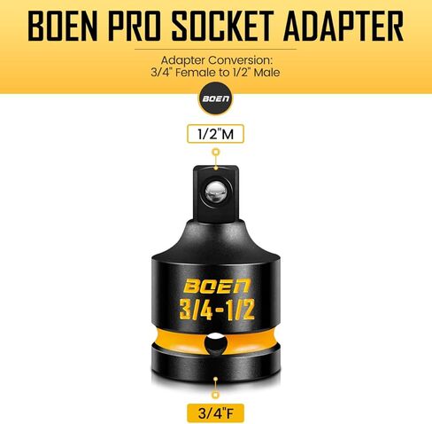 boen PRO 3/4" F إلى 1/2" M مخفض مقبس الصدمات، تحويلات مفك الصدمات لمفتاح الربط، فولاذ CR-MO، علامات منقوشة ومطلية in Saudi Arabia
