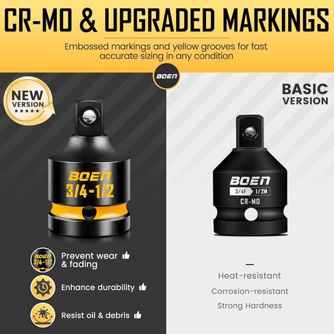 boen PRO 3/4" F إلى 1/2" M مخفض مقبس الصدمات، تحويلات مفك الصدمات لمفتاح الربط، فولاذ CR-MO، علامات منقوشة ومطلية in Saudi Arabia