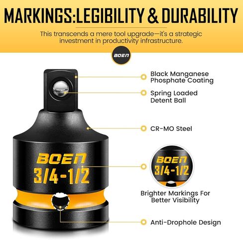 boen PRO 3/4" F إلى 1/2" M مخفض مقبس الصدمات، تحويلات مفك الصدمات لمفتاح الربط، فولاذ CR-MO، علامات منقوشة ومطلية in Saudi Arabia