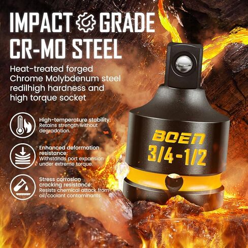 boen PRO 3/4" F إلى 1/2" M مخفض مقبس الصدمات، تحويلات مفك الصدمات لمفتاح الربط، فولاذ CR-MO، علامات منقوشة ومطلية in Saudi Arabia