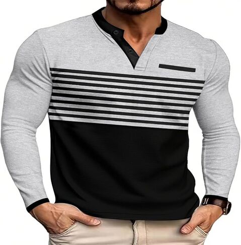 تي شيرت هينلي بأكمام طويلة بسيط للرجال لربيع الخريف وأزرار سفلية، تي شيرت رياضي غير رسمي يسمح بالتهوية ومناسب للرجال in Saudi Arabia