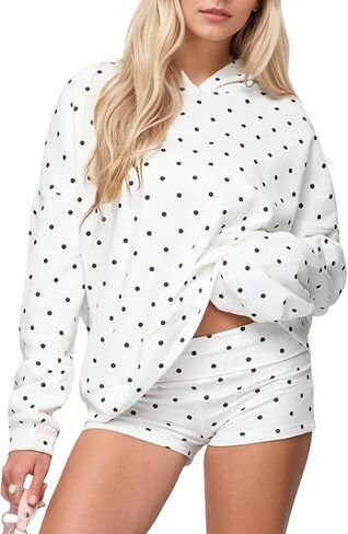 Women Polka Dot Fleece Hoodie Trendy Oversized Long Sleeve Aesthetic Graphic Print Hooded Sweatshirt Pullover Tops in Kuwait