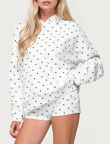 Women Polka Dot Fleece Hoodie Trendy Oversized Long Sleeve Aesthetic Graphic Print Hooded Sweatshirt Pullover Tops in Saudi Arabia