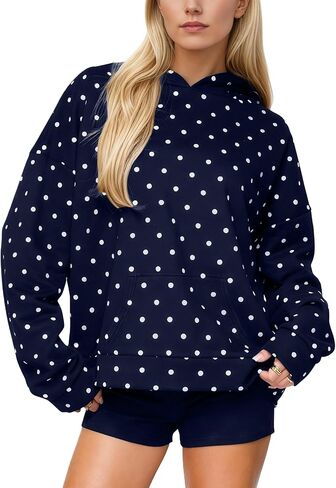Women Polka Dot Fleece Hoodie Trendy Oversized Long Sleeve Aesthetic Graphic Print Hooded Sweatshirt Pullover Tops in Saudi Arabia