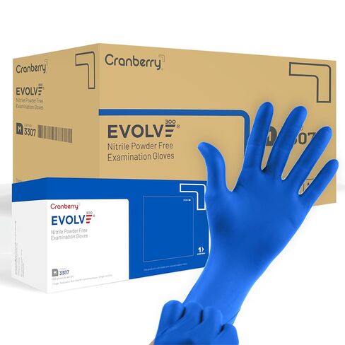 قفازات فحص خالية من مسحوق النتريل من Cranberry USA Evolve، 2.0 مل، صغير جدًا، 300 قطعة، أزرق in Kuwait