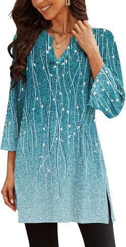 Poetsky Womens Tunic Tops 3/4 Bell Sleeve Loose Fit Tunics Dressy Casual Side Split Flare Top for Leggings S-3XL in Kuwait