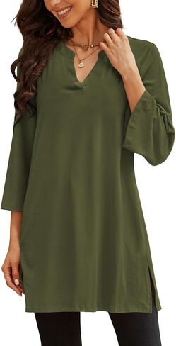 Poetsky Womens Tunic Tops 3/4 Bell Sleeve Loose Fit Tunics Dressy Casual Side Split Flare Top for Leggings S-3XL in Saudi Arabia