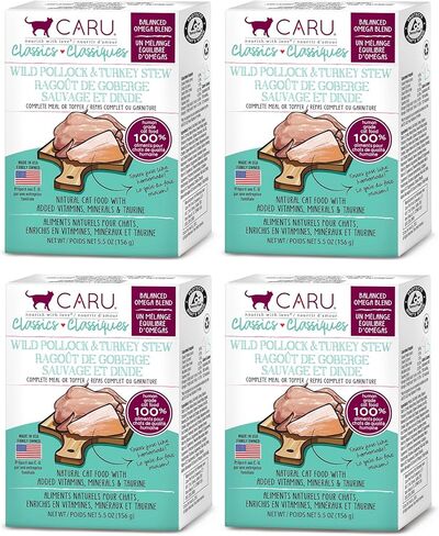 Caru - Classic Stews for Cats - Variety Pack - Healthy Functional Wet Cat Food or Food Topper - Chicken, Turkey, Wild Salmon & Turkey, Chicken & Crab Stews - 5.5oz Cartons - Pack of 4 in Saudi Arabia
