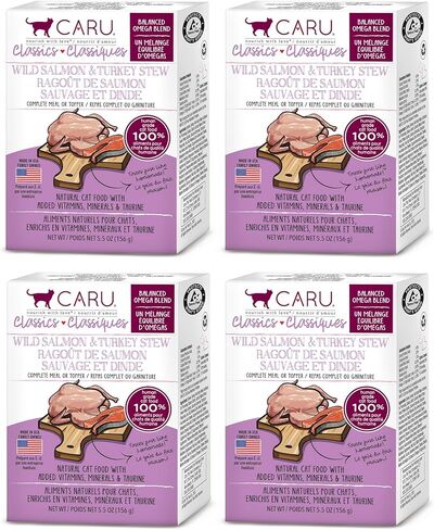 Caru - Classic Stews for Cats - Variety Pack - Healthy Functional Wet Cat Food or Food Topper - Chicken, Turkey, Wild Salmon & Turkey, Chicken & Crab Stews - 5.5oz Cartons - Pack of 4 in Saudi Arabia